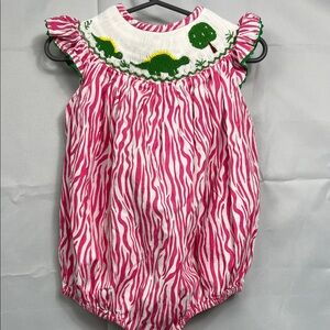 Bambeeni Pink and white Zebra print smocked dinosaur embroidered bubble romper